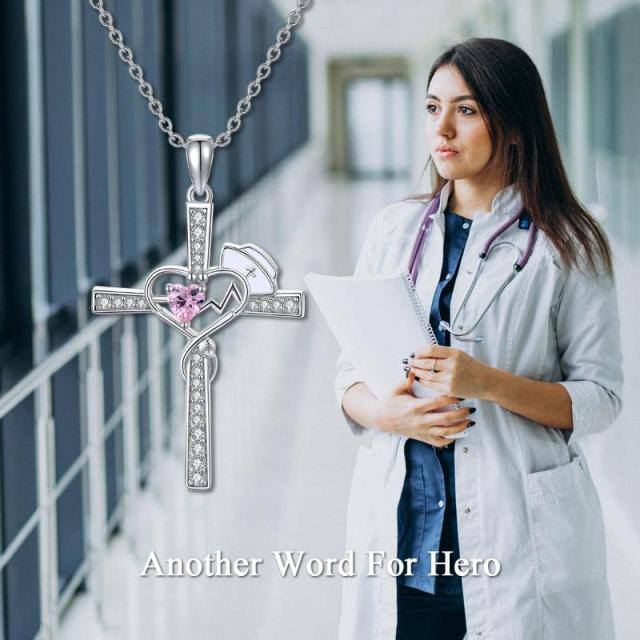 Sterling Silver Heart Cubic Zirconia Cross & Stethoscope Pendant Necklace-4
