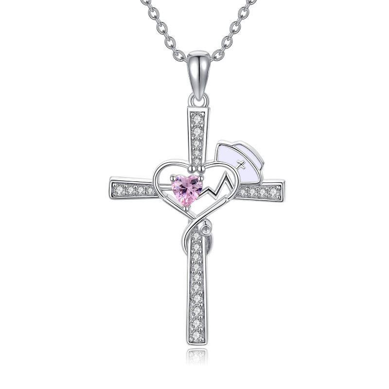 Sterling Silver Heart Cubic Zirconia Cross & Stethoscope Pendant Necklace-1