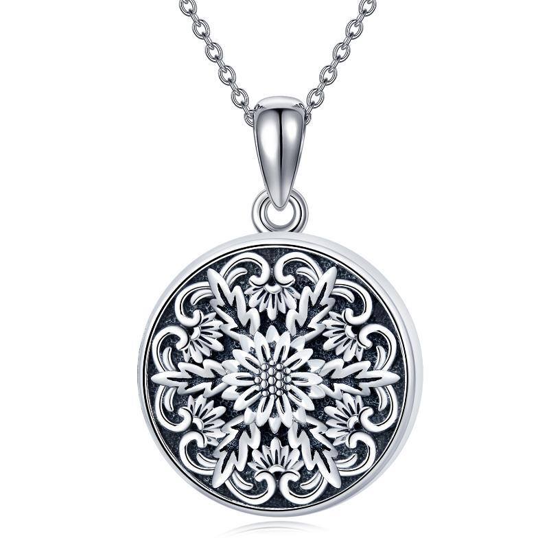 Sterling Silver Oxidized Daisy Personalized Photo Locket Necklace-1