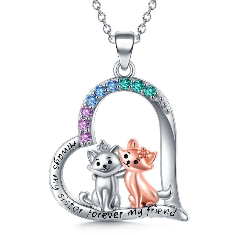 Sterling Silver Two-tone Circular Shaped Cubic Zirconia Cat & Sisters & Heart Pendant Necklace with Engraved Word