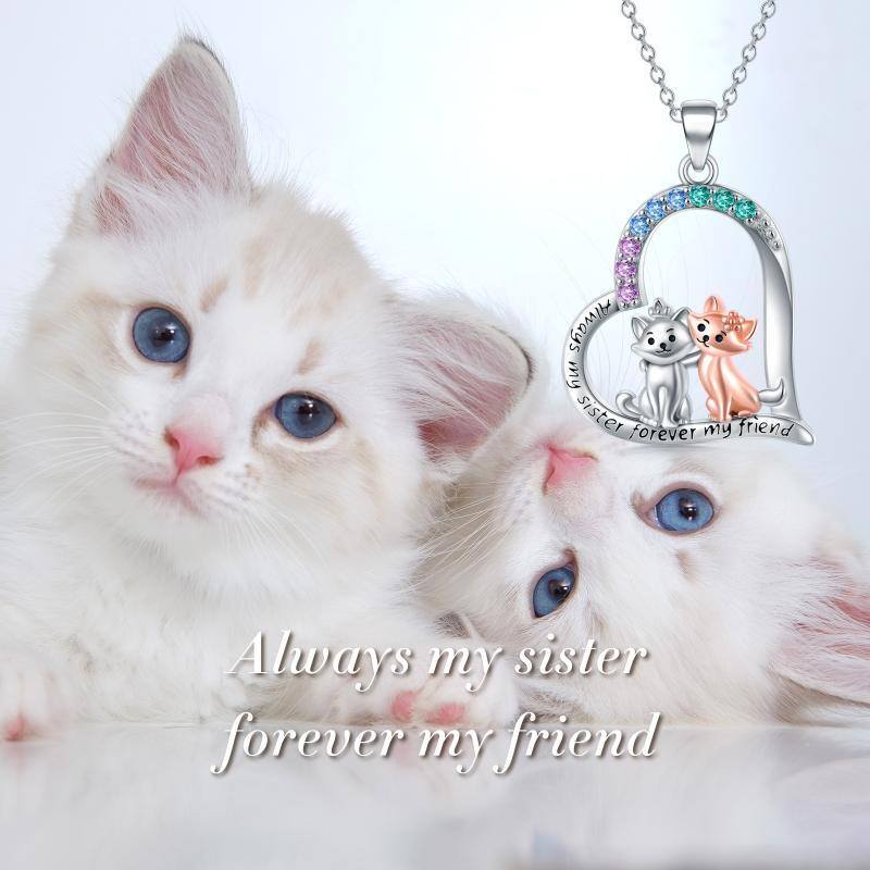 Collier en argent sterling bicolore avec pendentif en zircon cubique chat, sœurs et cœur a-6