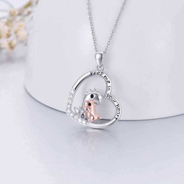Sterling Silver Two-tone Circular Shaped Cubic Zirconia Pendant Necklace with Engraved Word-2