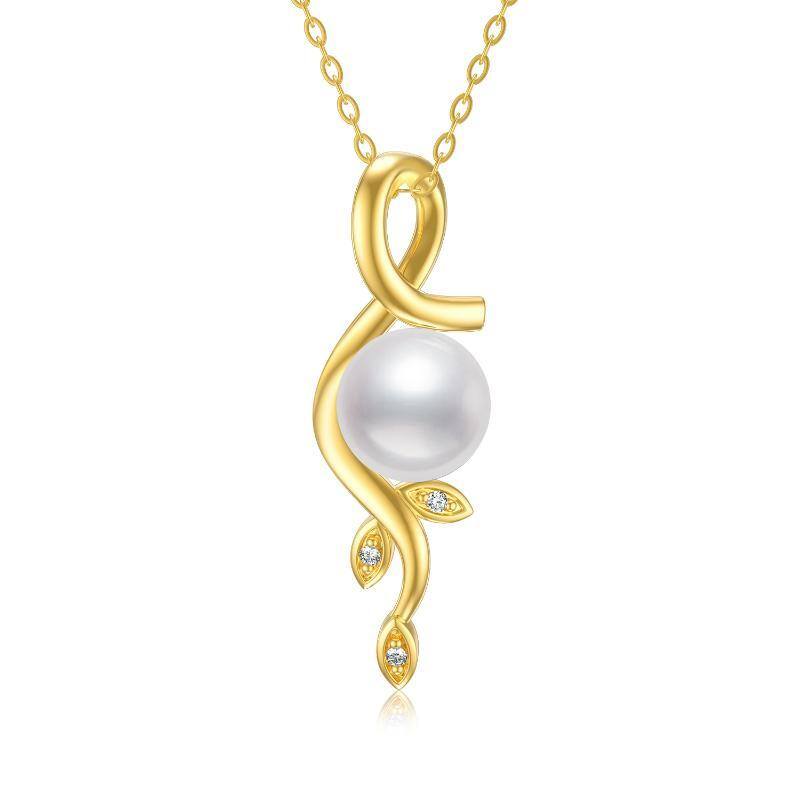 14K Gold Circular Shaped Pearl Leaves Pendant Necklace-1