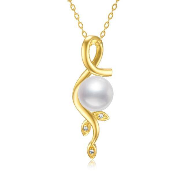 14K Gold Circular Shaped Pearl Leaves Pendant Necklace-0