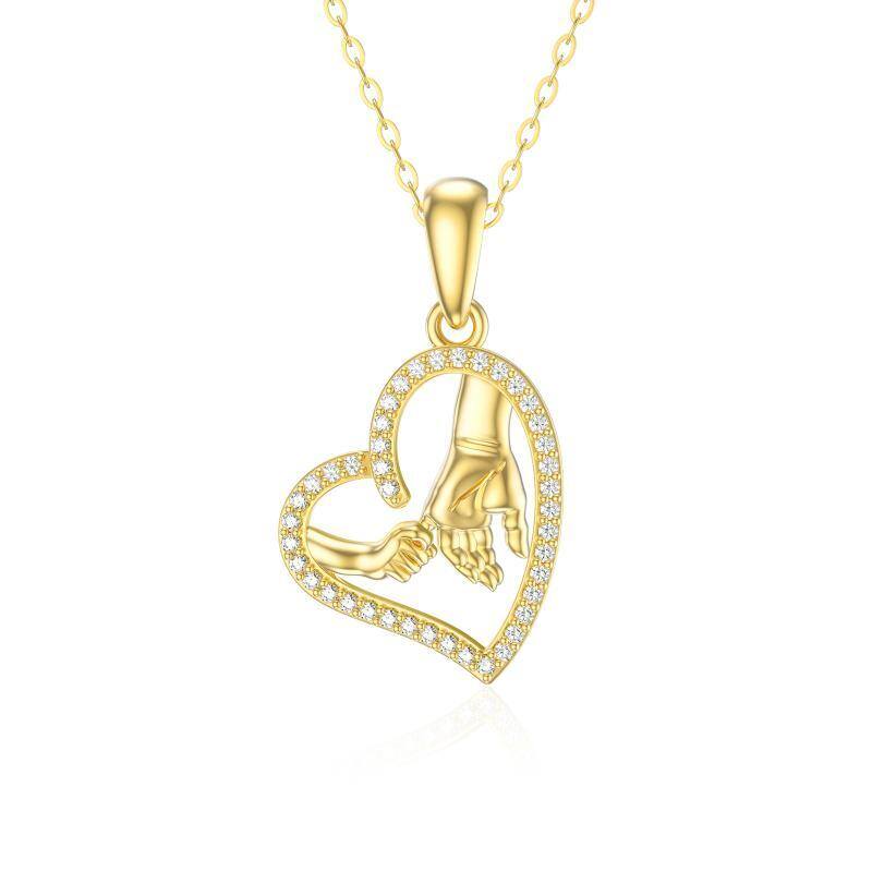 14K Gold Cubic Zirconia Heart & Hold Hands Pendant Necklace-1