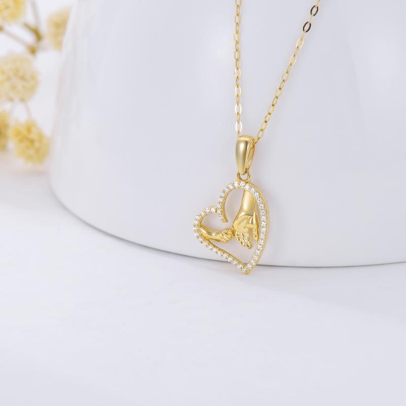 14K Gold Cubic Zirconia Heart & Hold Hands Pendant Necklace-3