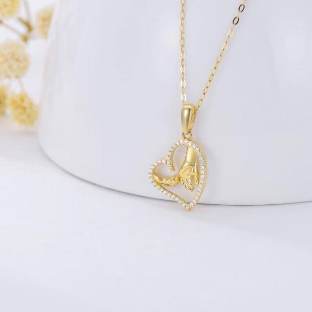 14K Gold Cubic Zirconia Heart & Hold Hands Pendant Necklace-3