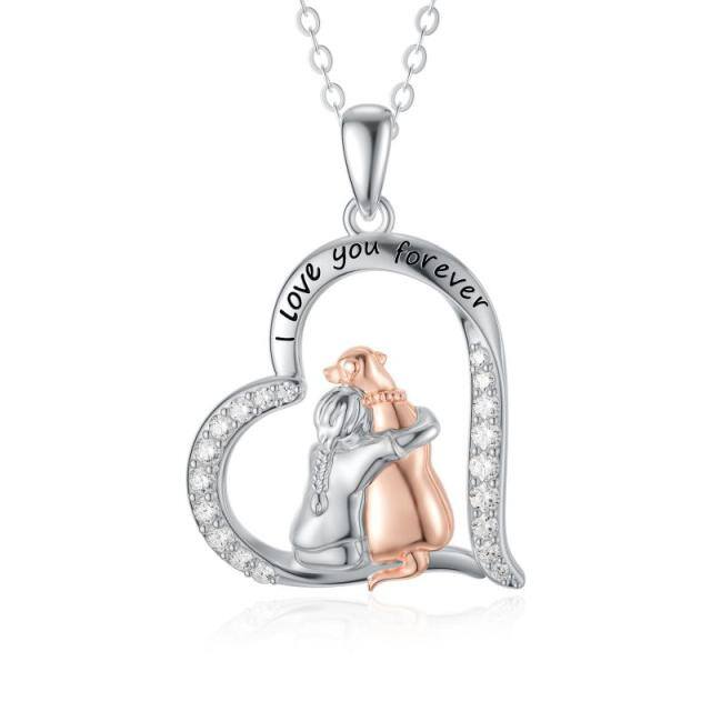 Sterling Silver Two-tone Round Cubic Zirconia Dog & Heart Pendant Necklace with Engraved Word-1