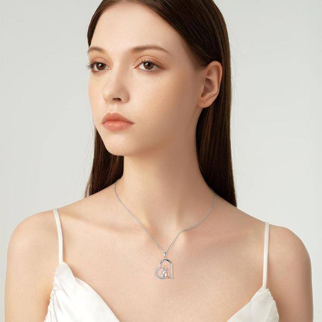 Collier en argent sterling avec pendentif chien et coeur en zirconium cubique rond bicolor-1