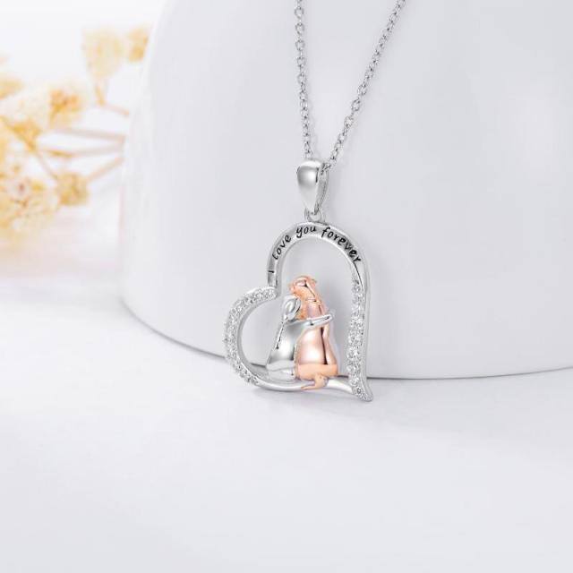 Sterling Silver Two-tone Round Cubic Zirconia Dog & Heart Pendant Necklace with Engraved Word-3