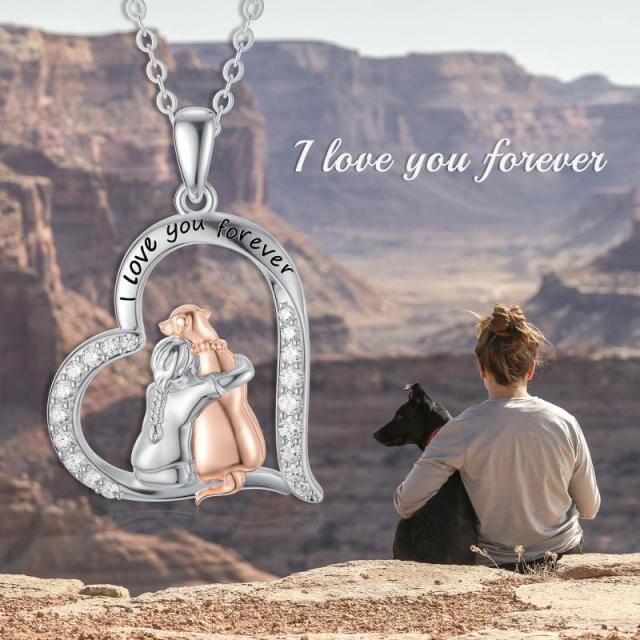 Sterling Silver Two-tone Round Cubic Zirconia Dog & Heart Pendant Necklace with Engraved Word-2