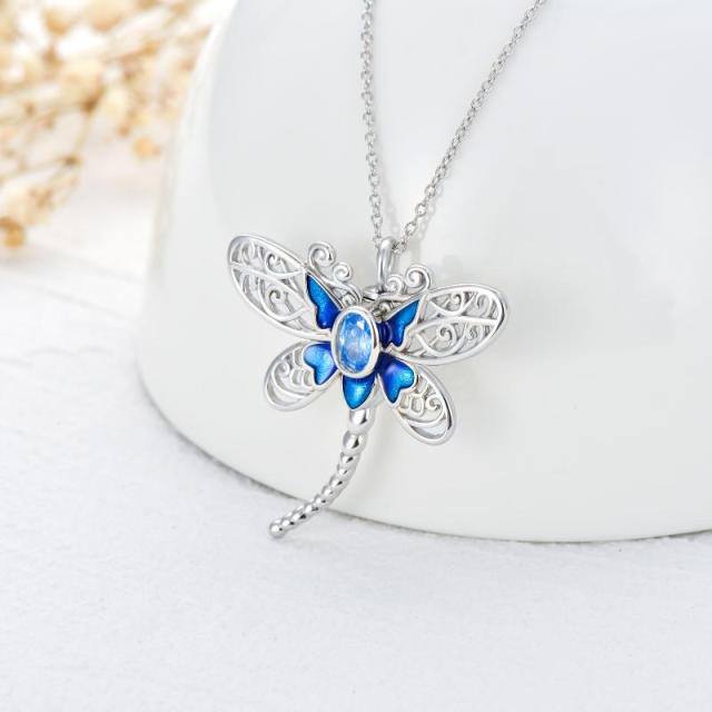 Sterling Silver Oval Shaped Zircon Dragonfly Pendant Necklace-2