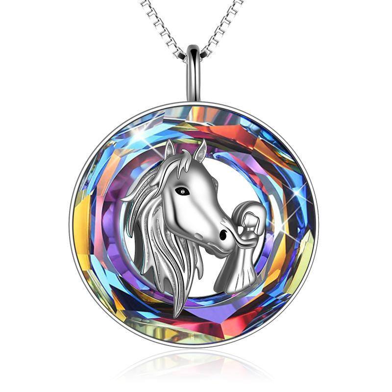 Sterling Silver Horse & Round Crystal Pendant Necklace-1