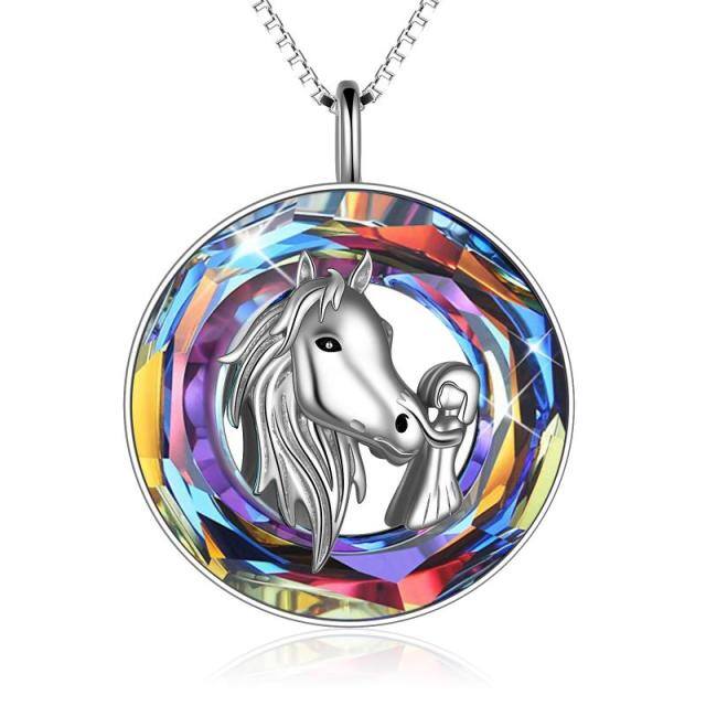 Sterling Silver Horse & Round Crystal Pendant Necklace-0