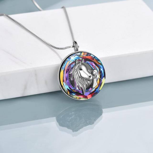 Sterling Silver Horse & Round Crystal Pendant Necklace-2