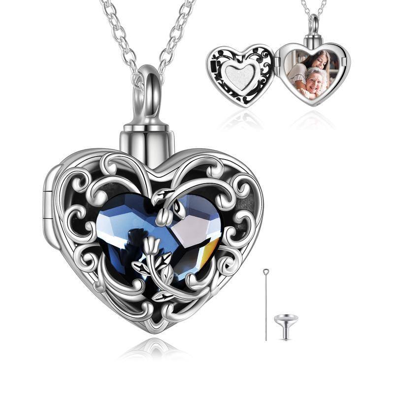 Sterling Silver Heart Shaped Crystal Personalized Photo & Heart Urn Necklace for Ashes with Engraved Word