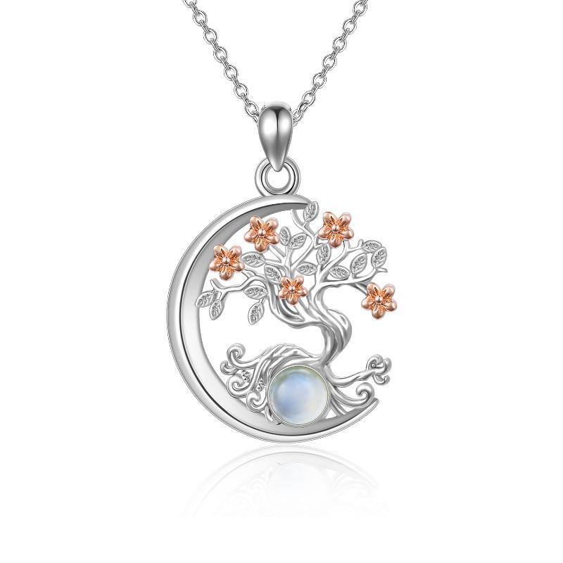 Sterling Silver Round Moonstone Tree Of Life & Moon Pendant Necklace-1