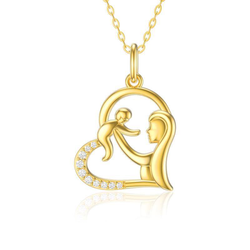 Collier en or 14K avec pendentif en forme de coeur de mère et de bébé en zircon cubique-1