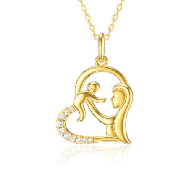 14K Gold Cubic Zirkonia Mutter & Baby Herz Anhänger Halskette-0