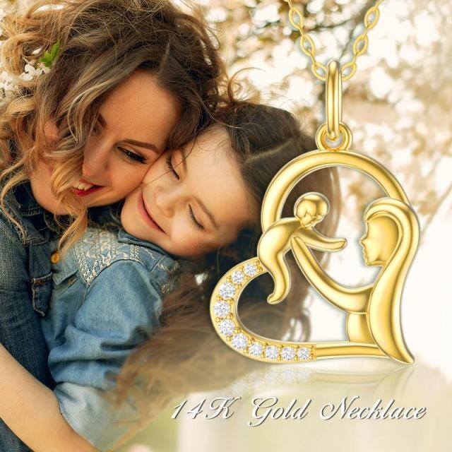 14K Gold Cubic Zirkonia Mutter & Baby Herz Anhänger Halskette-2