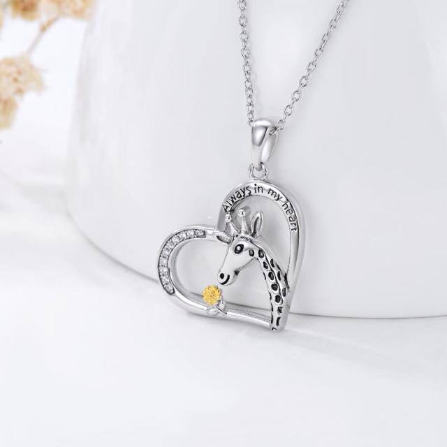 Sterling Silver Two-tone Circular Shaped Giraffe & Sunflower & Heart Pendant Necklace with Engraved Word-2