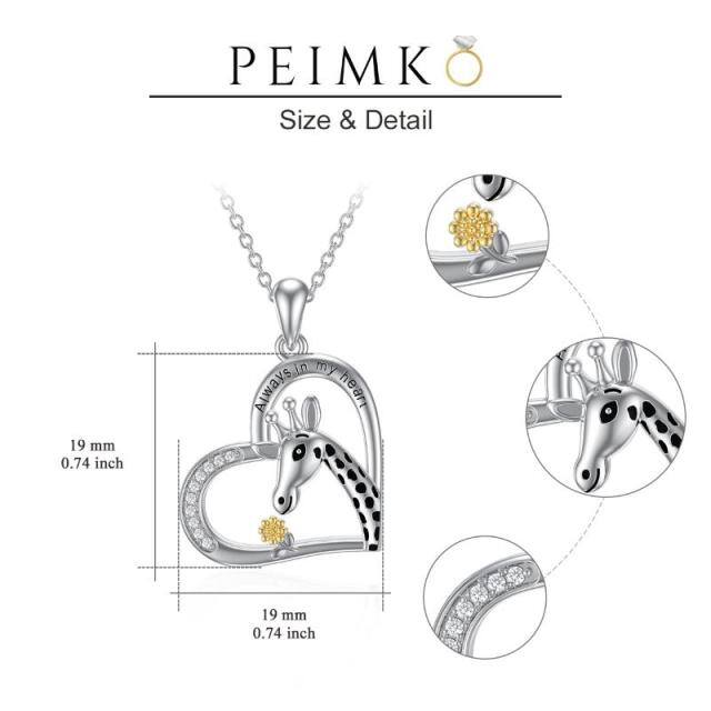 Sterling Silver Two-tone Circular Shaped Giraffe & Sunflower & Heart Pendant Necklace with Engraved Word-4