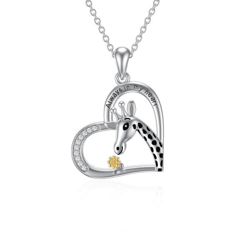 Sterling Silver Two-tone Circular Shaped Giraffe & Sunflower & Heart Pendant Necklace with Engraved Word-1