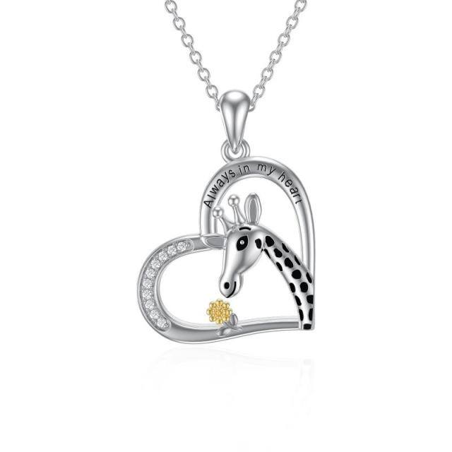 Sterling Silver Two-tone Circular Shaped Giraffe & Sunflower & Heart Pendant Necklace with Engraved Word-0