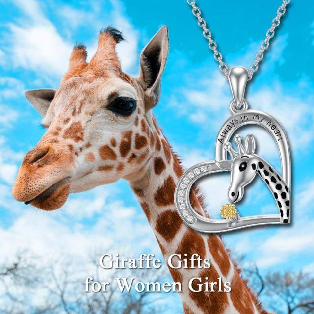 Sterling Silver Two-tone Circular Shaped Giraffe & Sunflower & Heart Pendant Necklace with Engraved Word-5