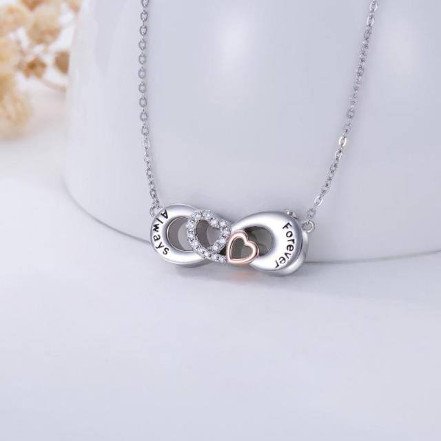 Sterling Silver Two-tone Circular Shaped Cubic Zirconia Heart & Infinity Symbol Urn Necklace for Ashes with Engraved Word-2