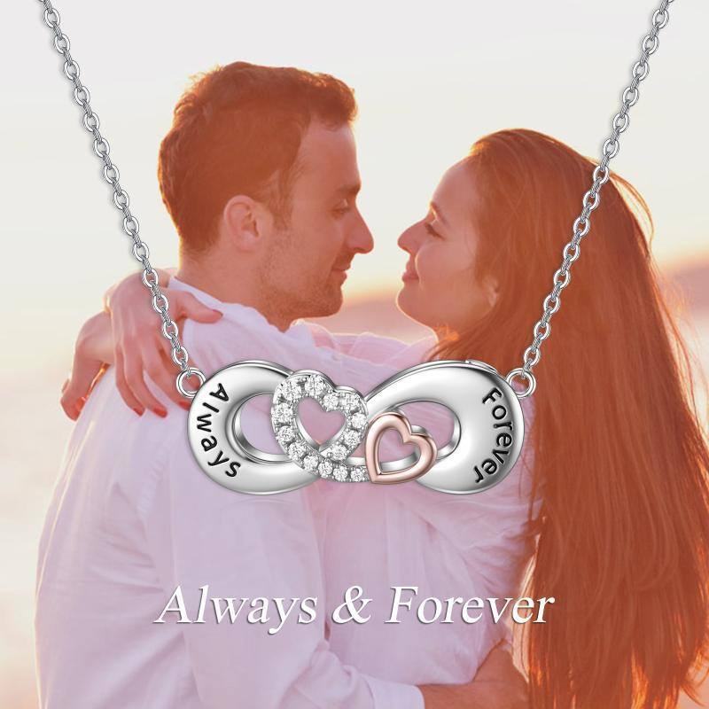 Sterling Silver Two-tone Circular Shaped Cubic Zirconia Heart & Infinity Symbol Urn Necklace for Ashes with Engraved Word-6