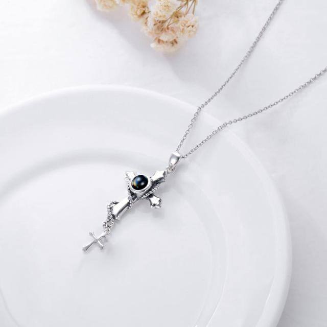 Sterling Silver Round Projection Stone Cross Pendant Necklace-4