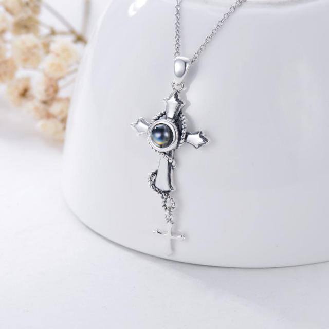 Sterling Silver Round Projection Stone Cross Pendant Necklace-3