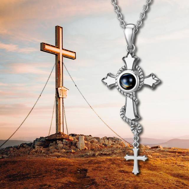 Sterling Silver Round Projection Stone Cross Pendant Necklace-6