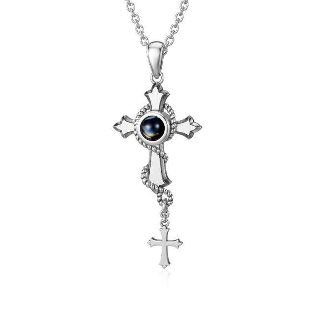 Sterling Silver Round Projection Stone Cross Pendant Necklace-1