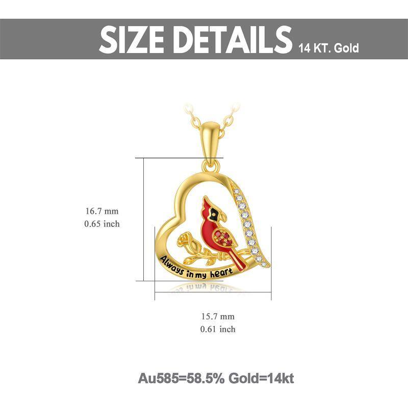 14K Gold Cubic Zirconia Cardinal & Rose & Heart Pendant Necklace with Engraved Word-5