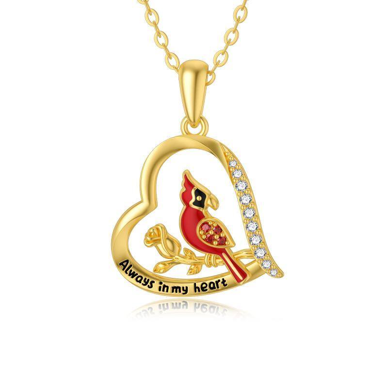 14K Gold Cubic Zirconia Cardinal & Rose & Heart Pendant Necklace with Engraved Word-1
