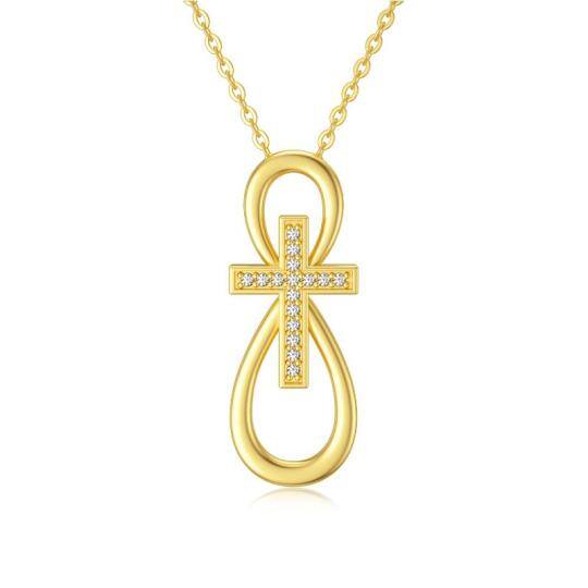 9K Gold Circular Shaped Cubic Zirconia Cross & Infinity Symbol Pendant Necklace