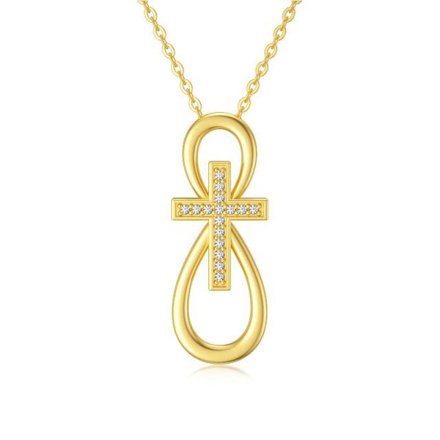 Collar colgante de oro de 9 quilates con circonita cúbica en forma de cruz y símbolo del i-0