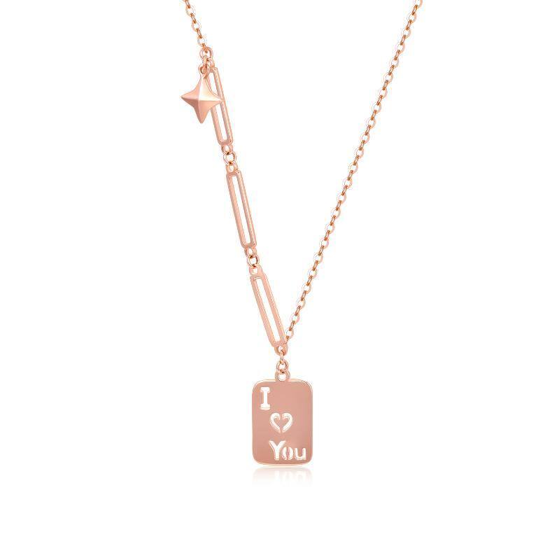 18K Rose Gold Square Pendant Necklace with Engraved Word-1