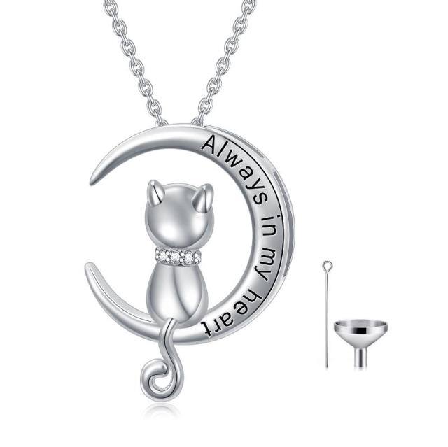 Sterling Silver Circular Shaped Cat Urn Necklace for Ashes with Engraved Word-0