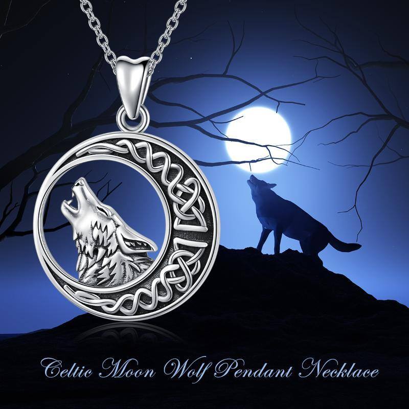 Sterling Silver Wolf & Celtic Knot & Moon Pendant Necklace-6