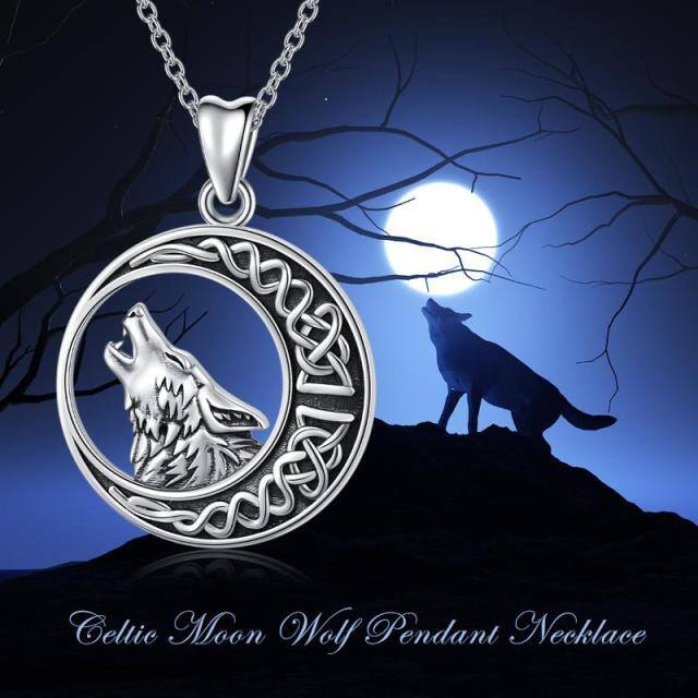 Sterling Silver Wolf & Celtic Knot & Moon Pendant Necklace-5