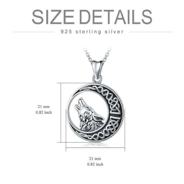 Sterling Silver Wolf & Celtic Knot & Moon Pendant Necklace-4