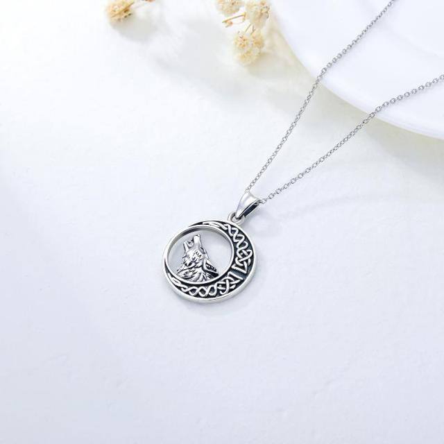 Sterling Silver Wolf & Celtic Knot & Moon Pendant Necklace-2