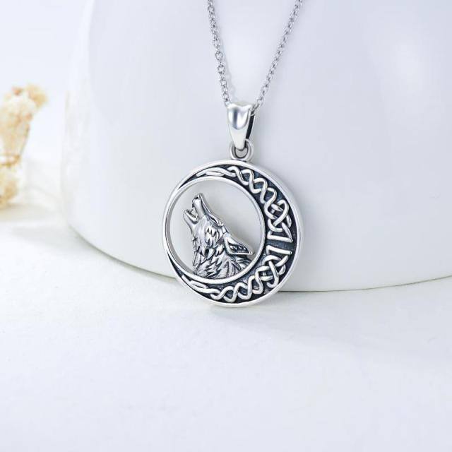 Sterling Silver Wolf & Celtic Knot & Moon Pendant Necklace-1