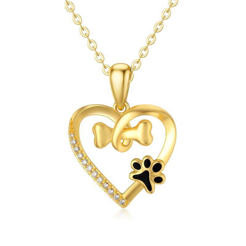 14K Gold Circular Shaped Cubic Zirconia Paw & Bone & Heart Pendant Necklace-1