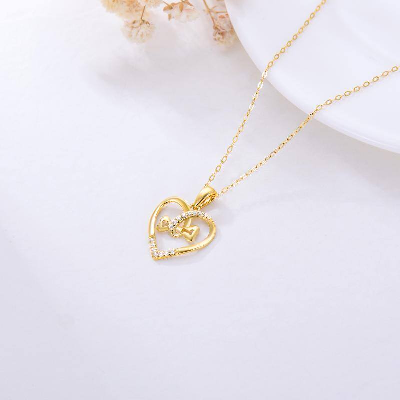 14K Gold Circular Shaped Cubic Zirconia Bone & Heart With Heart Pendant Necklace-4