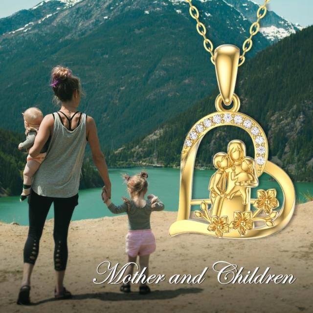 Collar de oro de 14 quilates Moissanite Mamá sostiene a los niños Corazón Flor Colgante-4