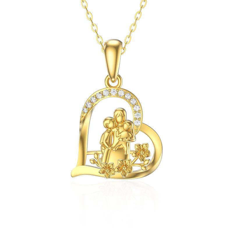 Collier en or 14K Moissanite Moms Holds Children Heart Flower Pendant Necklace-1